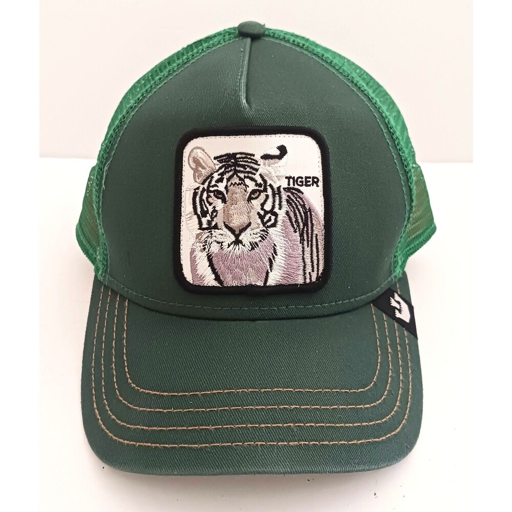 Goorin Bros The Farm White Tiger Snapback Trucker Hat Green Canvas/Mesh